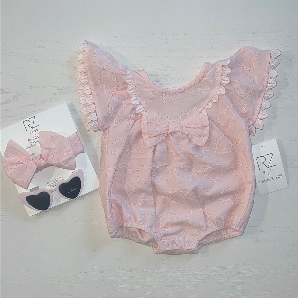 Rachel Zoe Pink Heart Bubble Romper Headband Sunglasses 3-6 6-9 months
